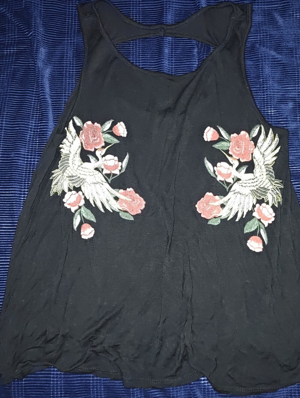 Paper Crane Black Racerback Tank with Pink Rose & Cream Crane Graphics